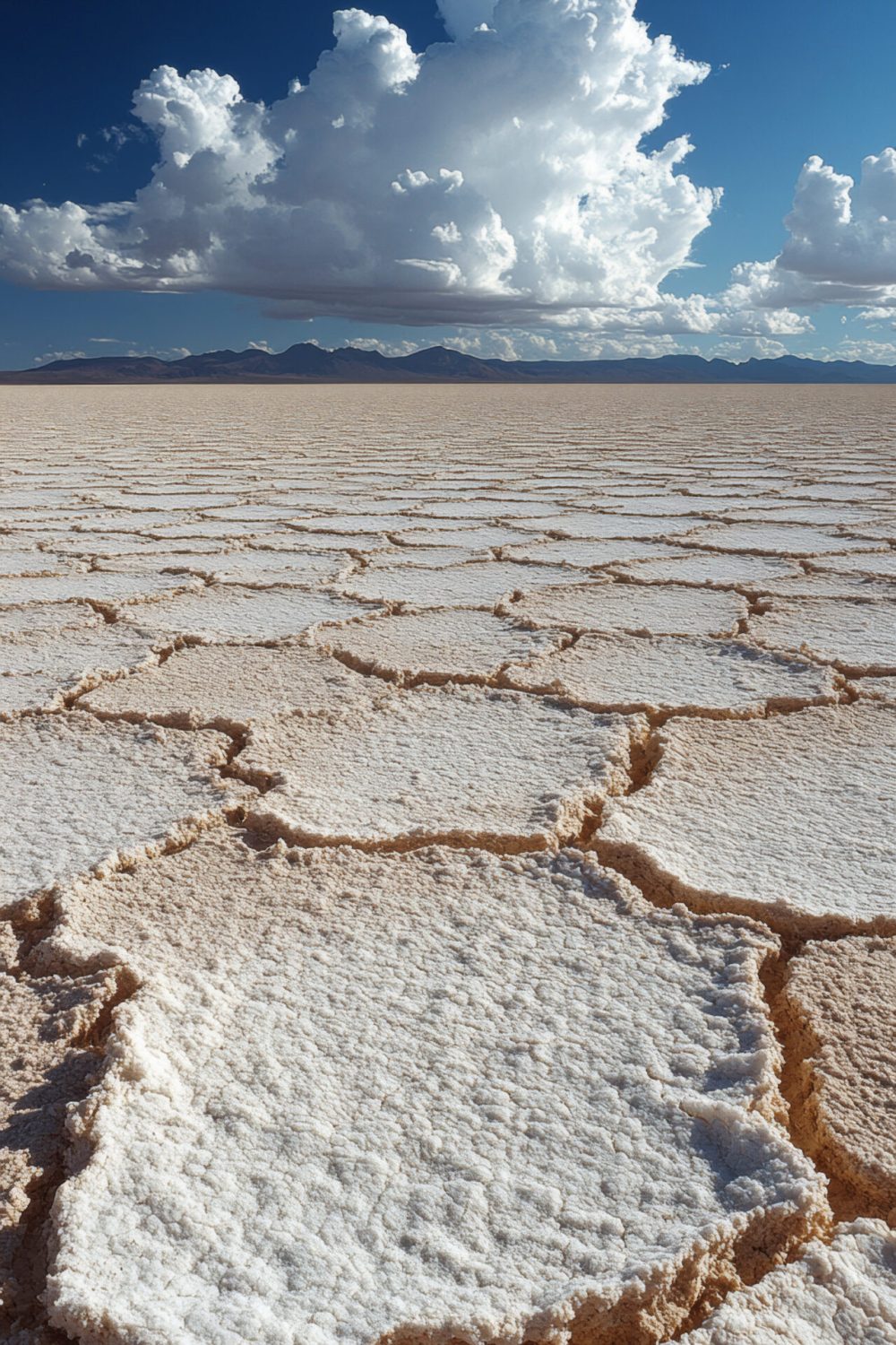 Wide-angle photograph of a barren, sun-scorched salt flat, with a layer of white salt crust covering the dry ground. The scene is captured from a low, frontal perspective, emphasizing the flat, endless expanse of the terrain in a long, horizontal format, under a cloudless sky --chaos 40 --ar 1:2 --style raw --stylize 500 --v 6.1 Job ID: 74ca187f-2237-45e5-93cd-6f5d27db879d